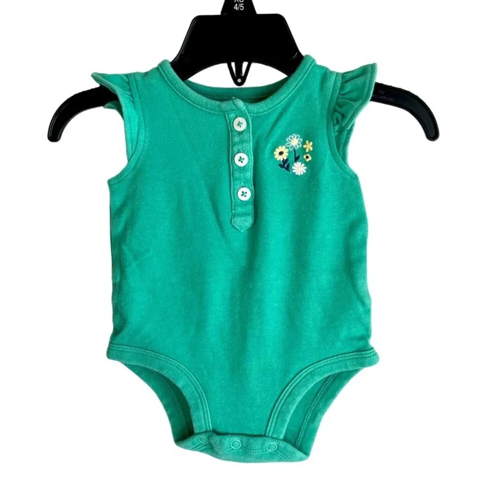 Carters Baby Girls Green Sleeveless Bodysuit 3M Cotton Floral Embroidery